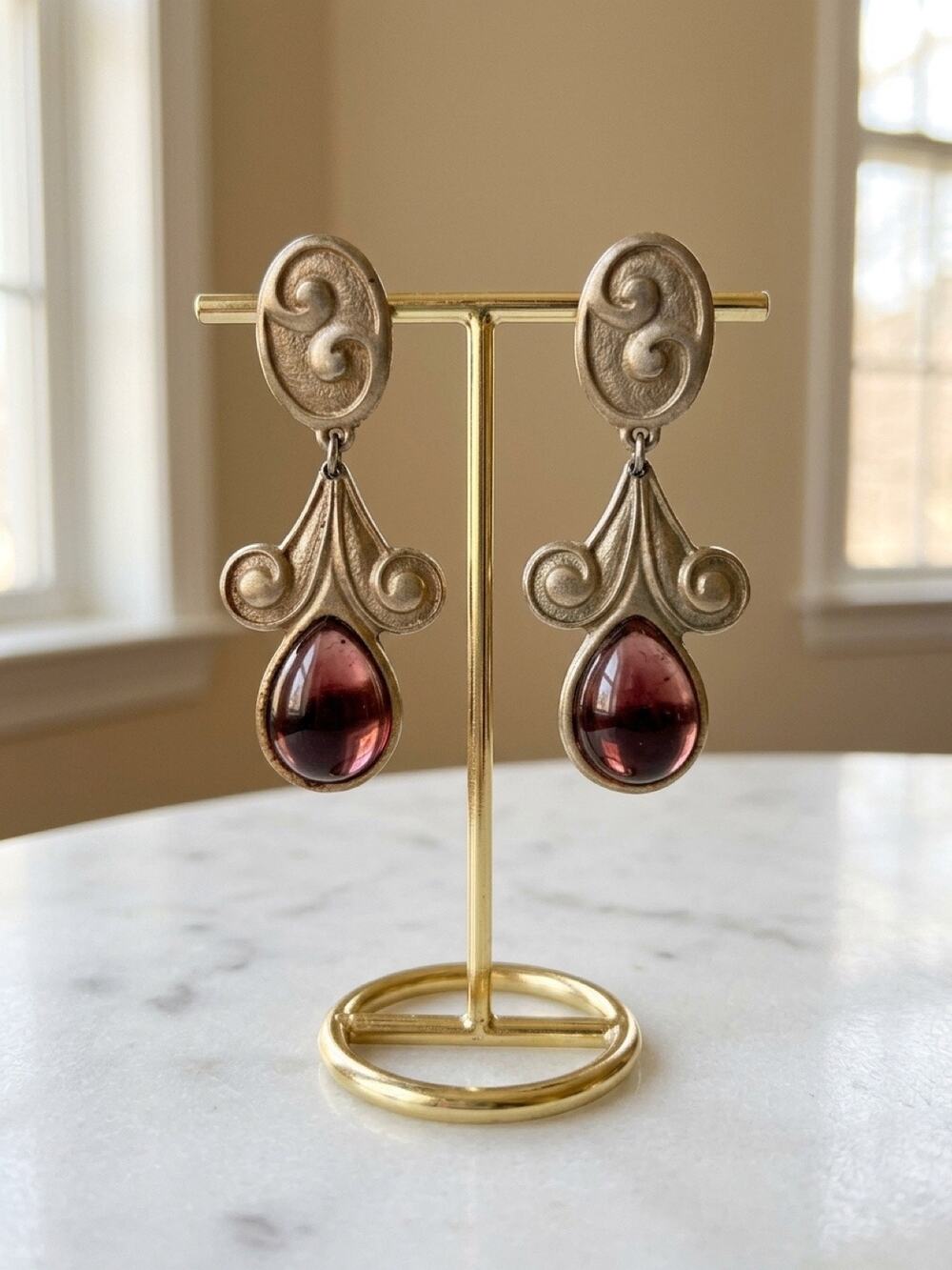 Gold Tone Scroll Drop Earrings with Burgundy Teardrops 2.5”